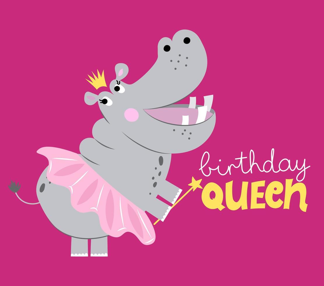 Birthday queen - funny hand drawn doodle, cartoon Hippopotamus. Good for  Poster or t-shirt textile graphic design. Vector hand drawn illustration.  Hippo Queen. 7307129 Vector Art at Vecteezy