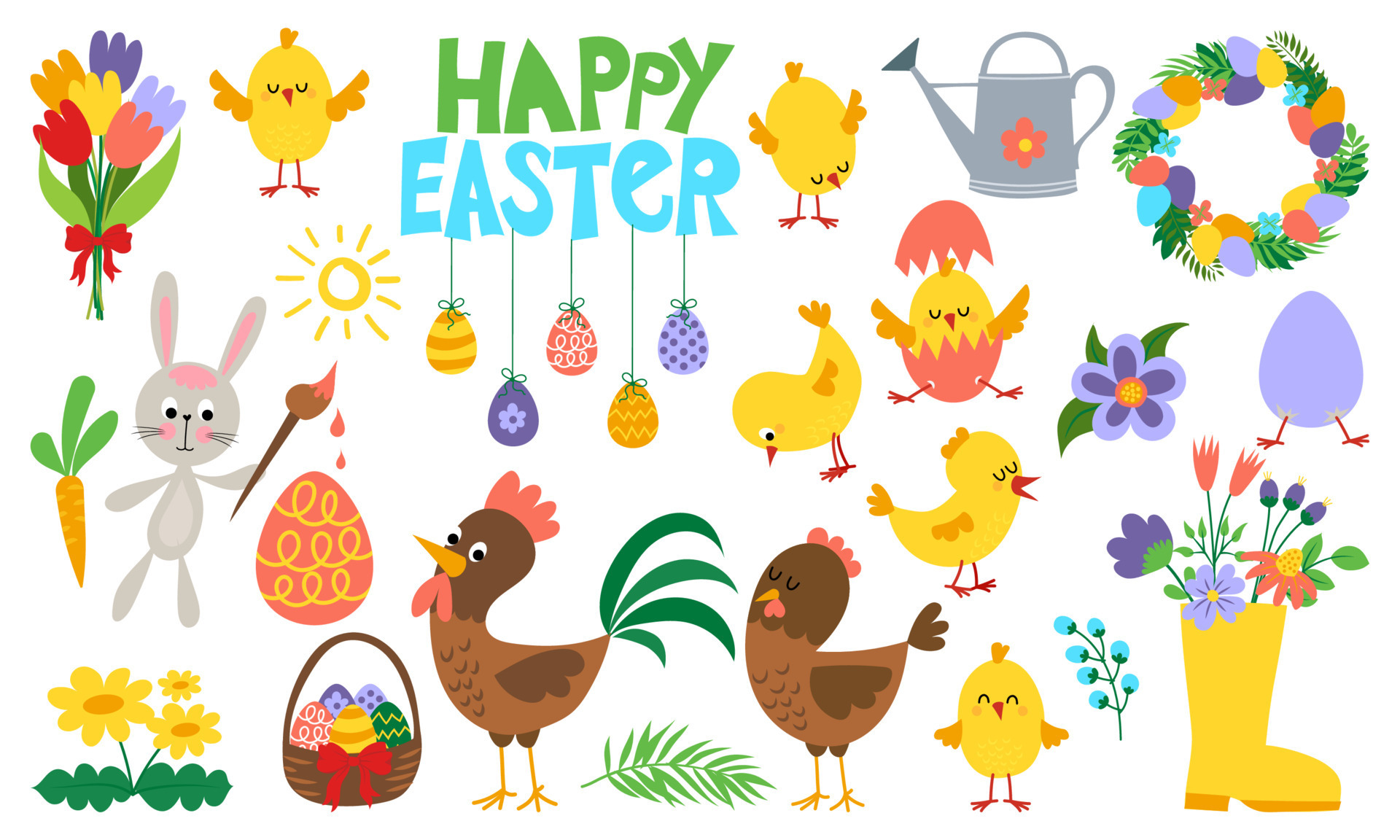 Happy Easter cute animal characters and garden elements. Cartoon easter bunny painting an egg. Eggs in basket, flowers, chickens, hen and cock bundle. Illustration of funny rabbit and bunny season. 7307134 Vector Happy Easter cute animal characters and garden elements. Cartoon easter bunny painting an egg. Eggs in basket, flowers, chickens, hen and cock bundle. Illustration of funny rabbit and bunny season. 7307134 Vector