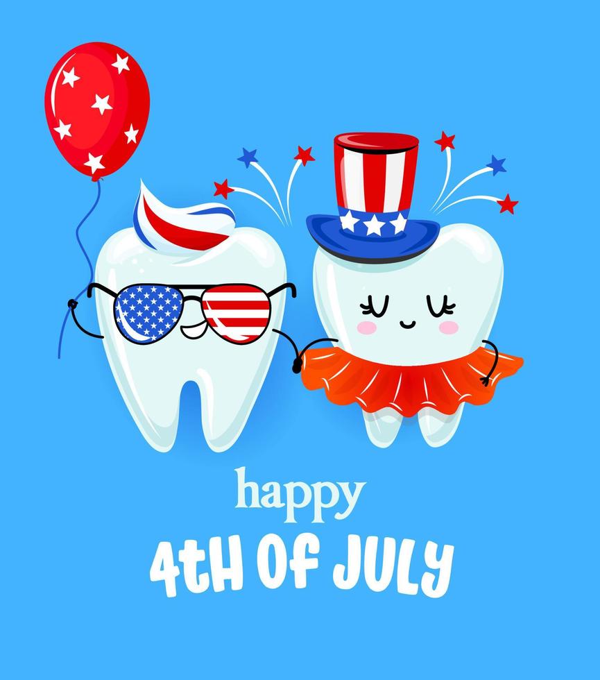 Happy 4th of July - Tooth couple character design in kawaii style. Hand drawn Toothfairy with funny quote. Good for school prevention posters, greeting cards, banners, textiles. Happy Independence Day 7307158 Vector Happy 4th of July - Tooth couple character design in kawaii style. Hand drawn Toothfairy with funny quote. Good for school prevention posters, greeting cards, banners, textiles. Happy Independence Day 7307158 Vector