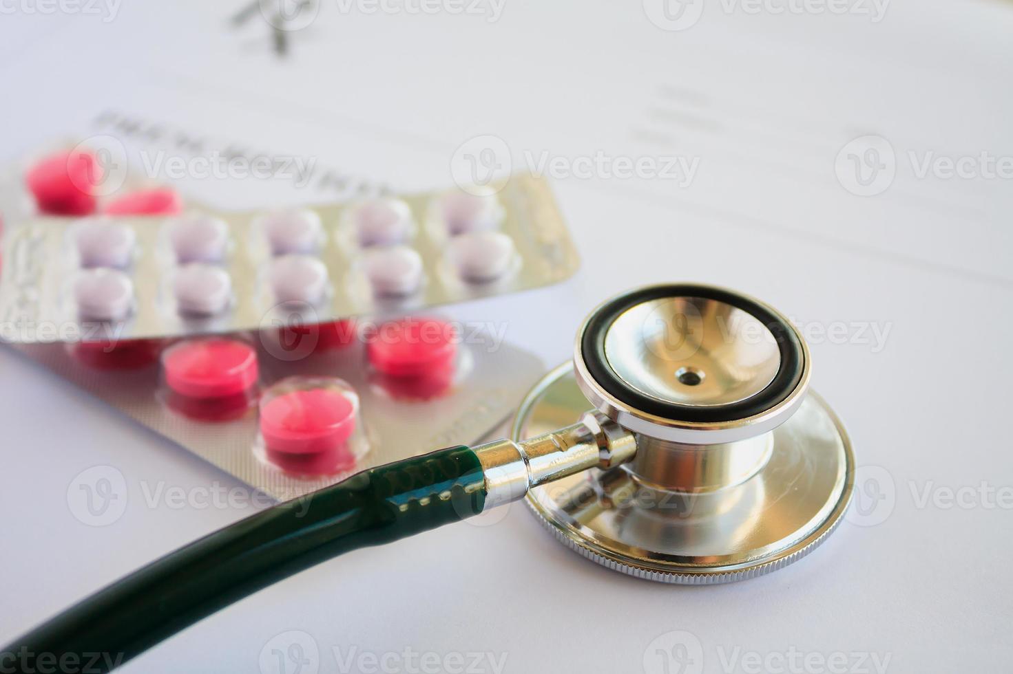 Pills and stethoscope on a prescription photo