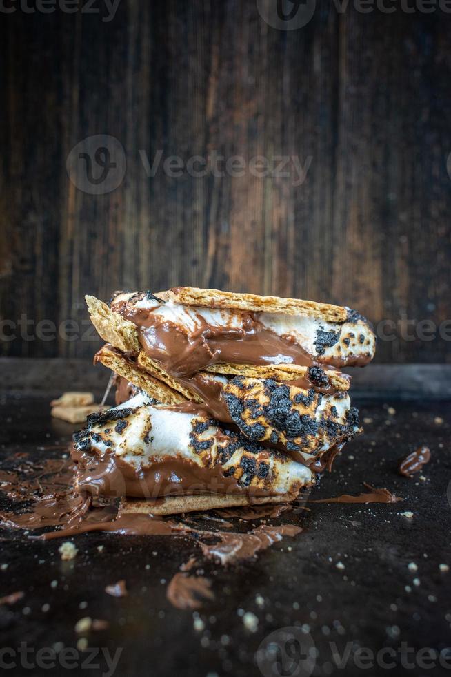 melted messy s'mores stack with toasted marshmallows photo