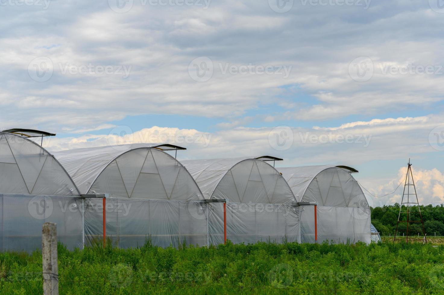 Greenhouses in Ukraine against the sky with clouds. photo