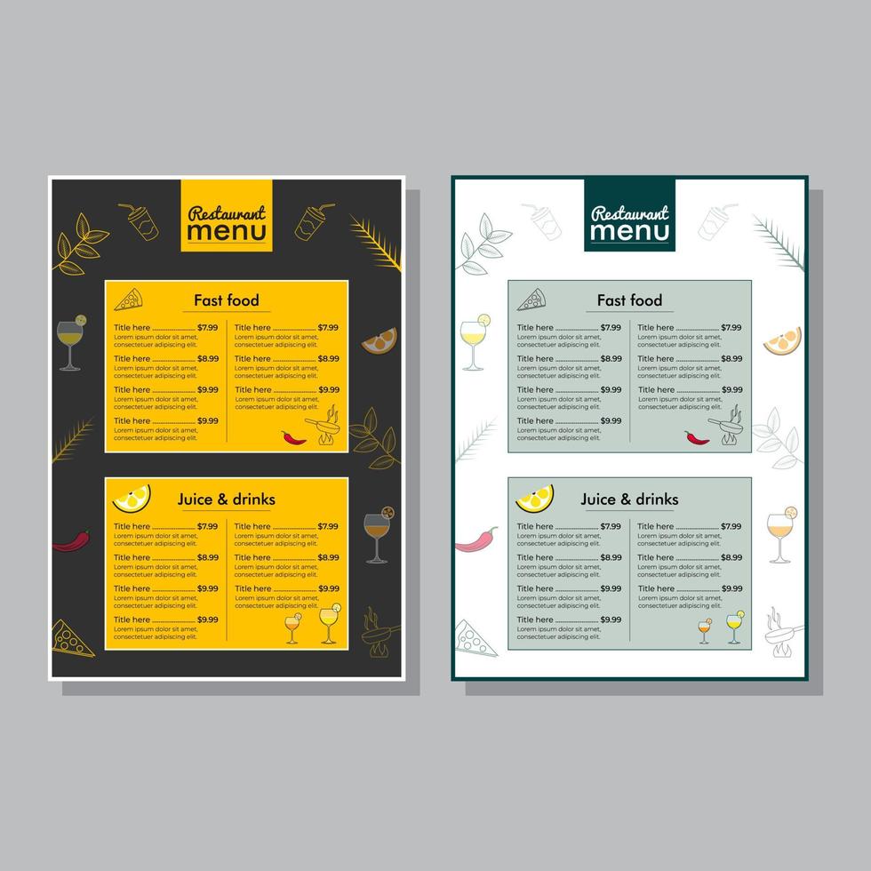 Restaurant menu card design, fast food vector menu in sketch style business flyer design, restaurant menu with hand drawn juice, drinks, fast food  in A5 size