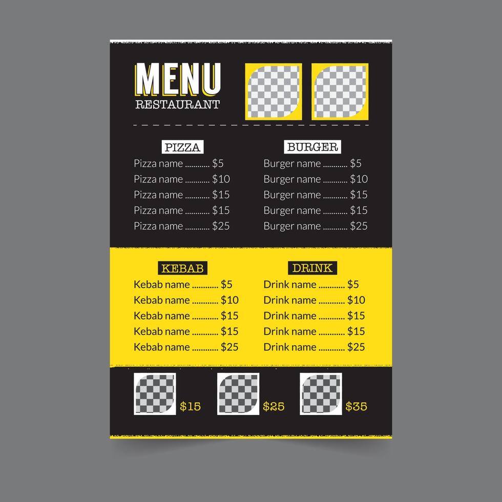 diseño de tarjeta de menú de restaurante, menú de vector de comida rápida en diseño de volante de negocios estilo boceto, menú de restaurante con jugo dibujado a mano, bebidas, comida rápida en tamaño a5