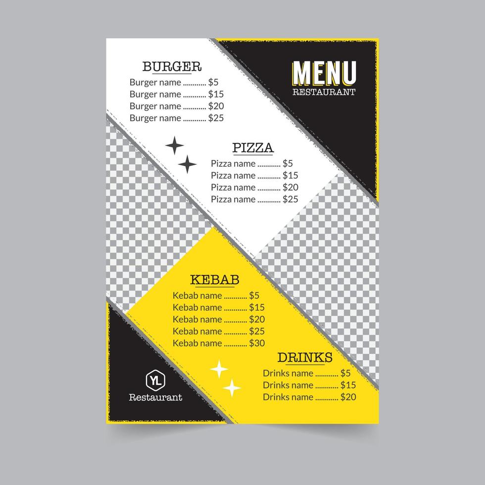 Restaurant menu card design, fast food vector menu in sketch style business flyer design, restaurant menu with hand drawn juice, drinks, fast food  in A5 size