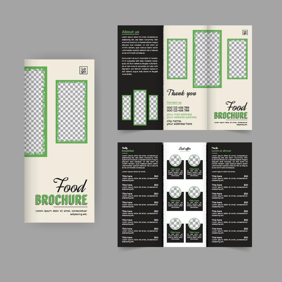 Food trifold brochure for restaurant food menu, modern tri fold corporate brochure cover or flyer design. Leaflet presentation. Catalog with Abstract geometric background. Modern publication magazine vector