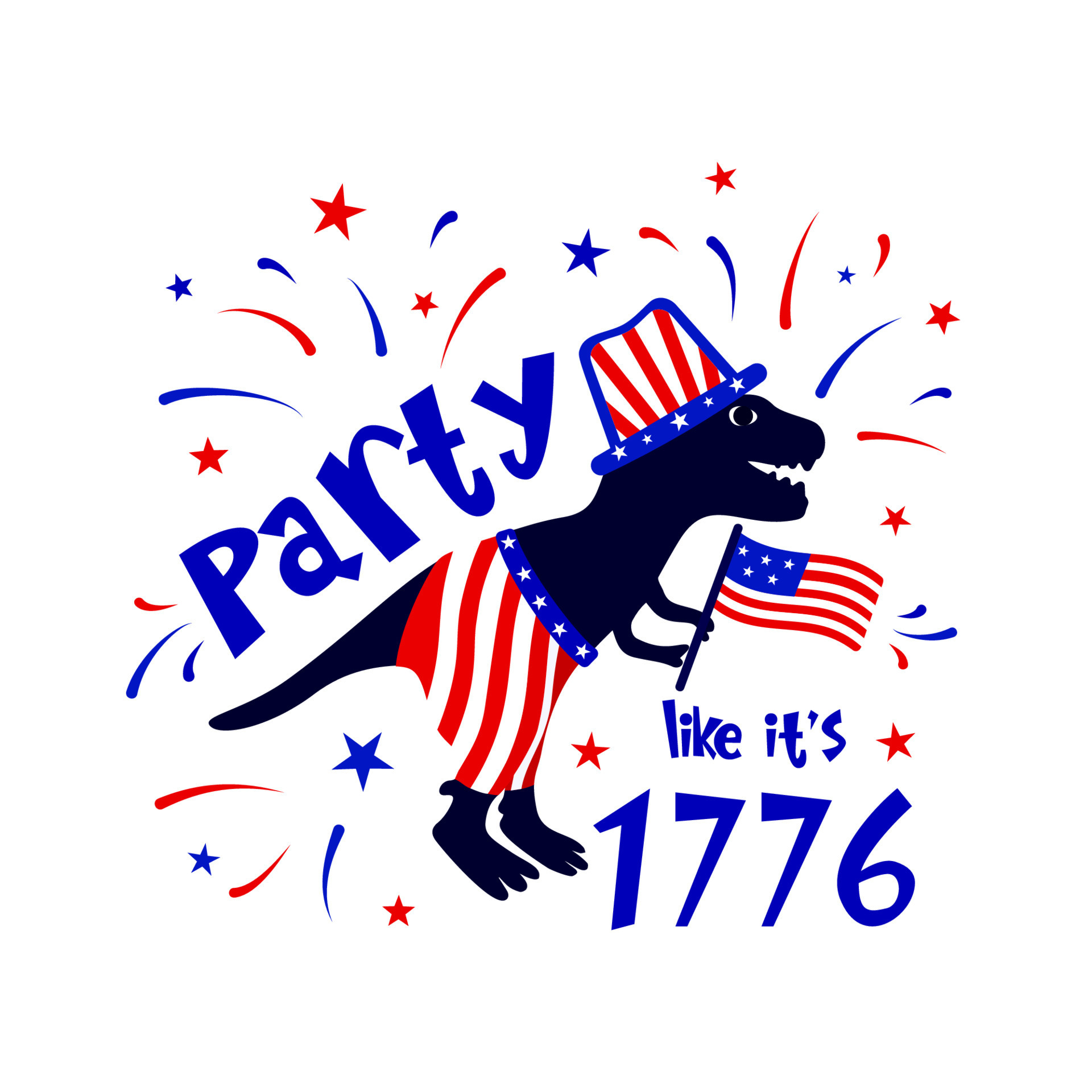4th of July independence day typographic poster. Funny quote Party like it  s 1776 with dinosaur silhouette, american flag, fireworks. Template of t  shirt print, banner, invitation, Vector illustration 7309909 Vector Art at  Vecteezy