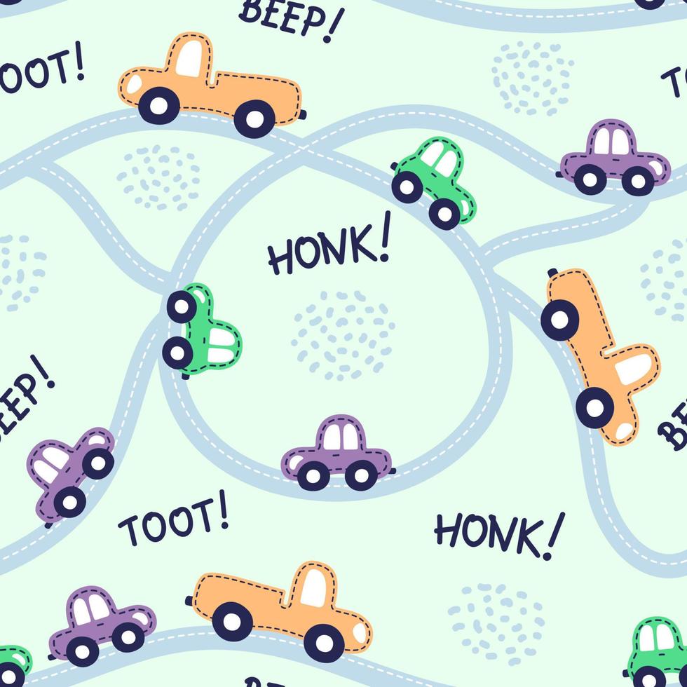 patrón de coche sin costuras con pitido de texto, bocinazo, toot, carretera circular. diseño de niños planos. plantilla de papel tapiz, estampado de camisetas para niños, vector