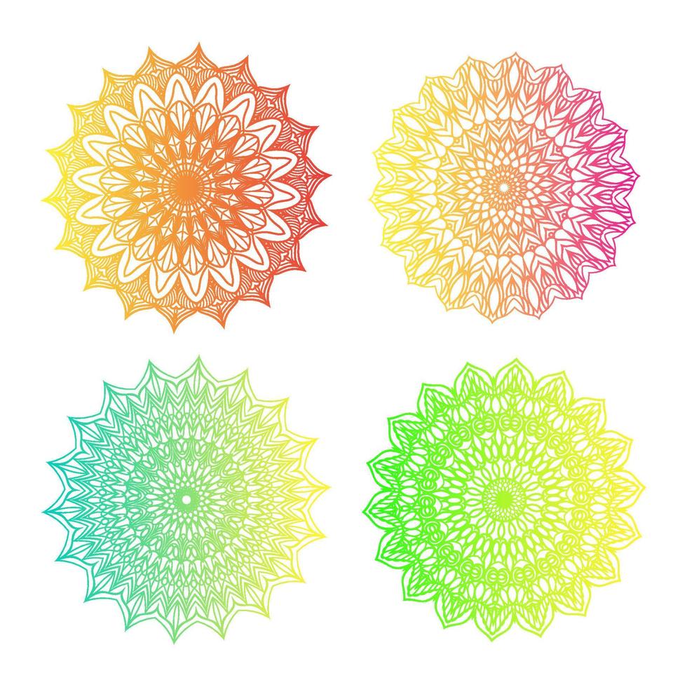 diseño de mandalas. conjunto de cuatro sobre fondo blanco. color degradado verde, azul, amarillo, rojo. concepto bohemio. plantilla de yoga indio. elementos gráficos vectoriales para logotipo, impresión, patrón. vector