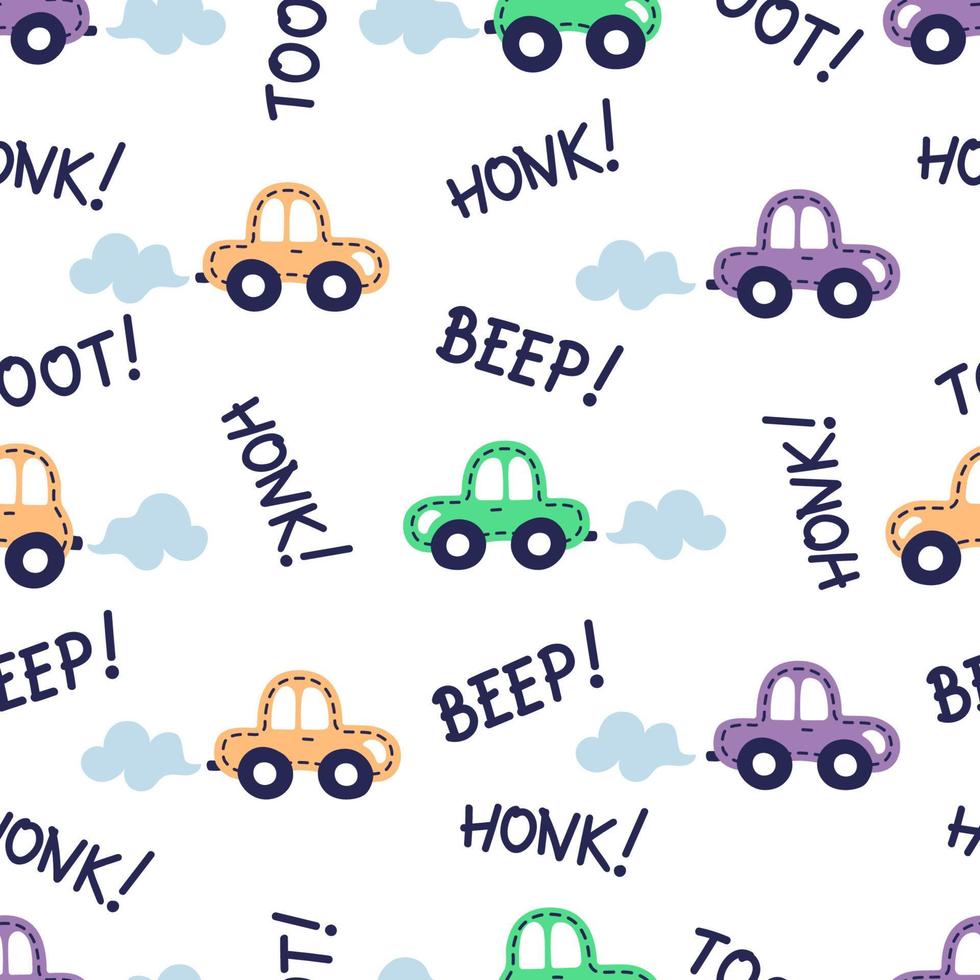 patrón de coche sin costuras con pitido de texto, bocinazo, toot, carretera circular. diseño de niños planos. plantilla de papel tapiz, estampado de camisetas para niños, vector