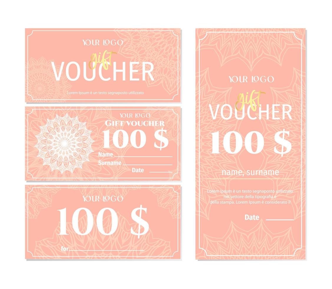 Set of pink gift vouchers with mandalas. Elegant template for a festive card, coupon and certificate. Discount Coupon Template. Vector banner, flyer. Yoga woman concept.