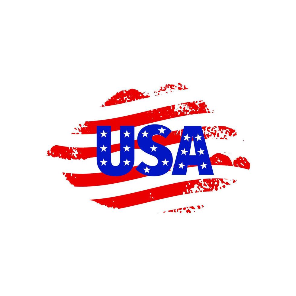 T-shirt print lips with word USA. Red blue white. Texture shape. Vector illustration. 4th of july concept. Banner of Independence day. Patriotic design. American flag color