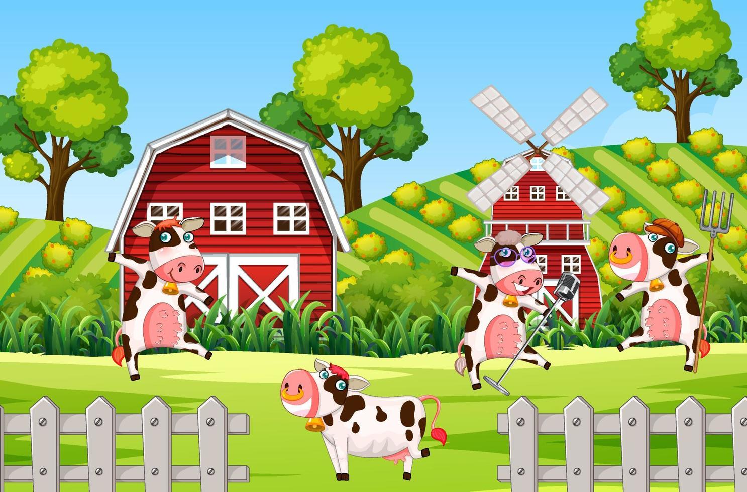 escena de la granja con vacas en el campo vector