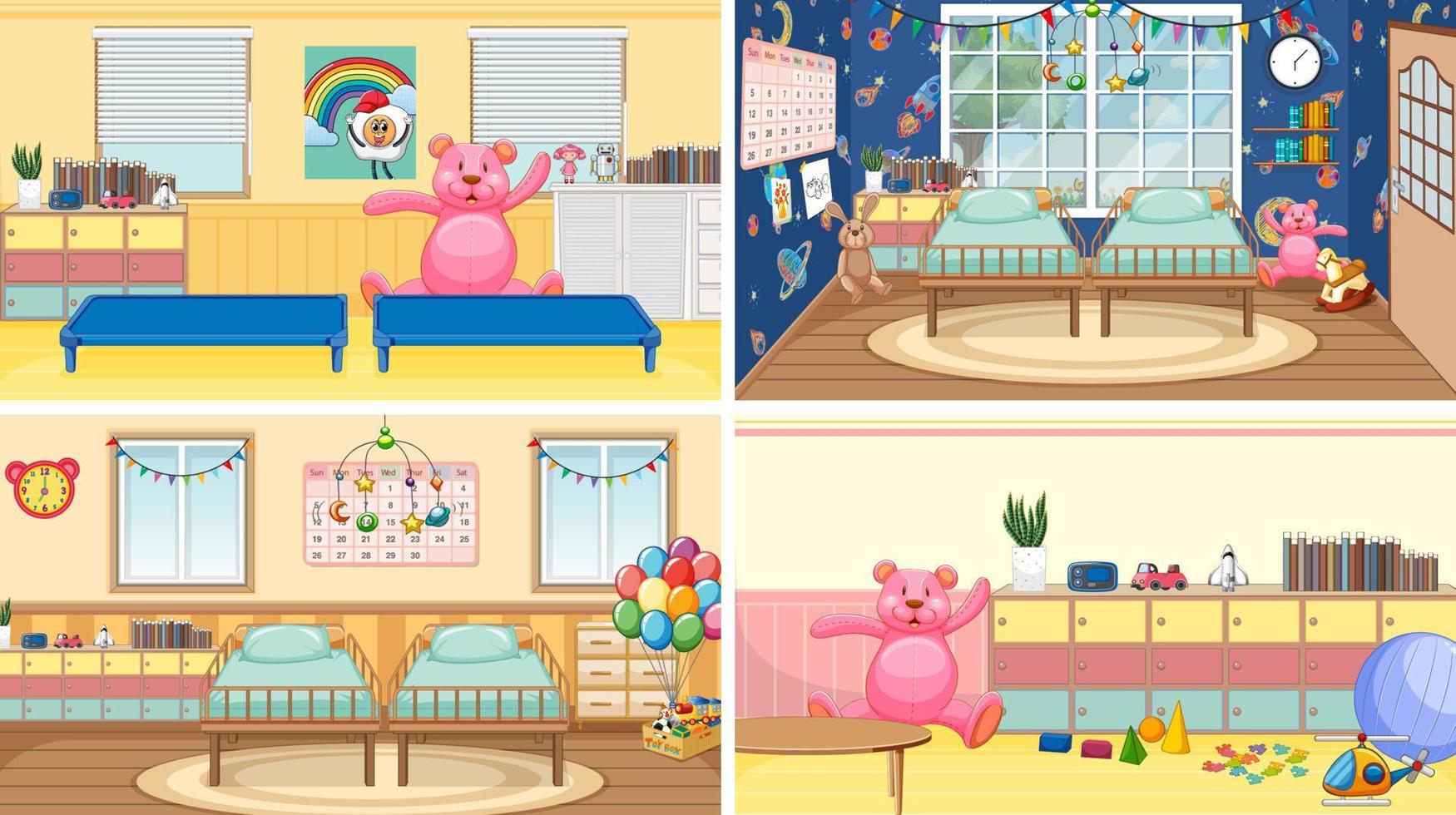 Set of different kindergarten classroom scenes vector