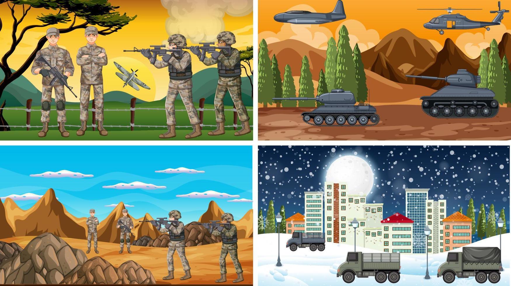 Set of different army war scenes vector