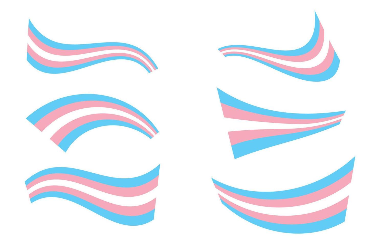 bandera del orgullo transgénero - bandera del orgullo a rayas azul claro, rosa y blanco, símbolo de la comunidad transgénero. conjunto de símbolos lgbt colección de diferentes banderas de formas envueltas retorcidas vector