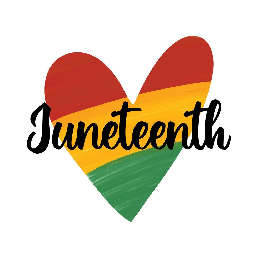 Hand drawn with brush artistic grunge textured heart in colors of Pan African flag - red, yellow, green. Cute Juneteenth greeting card design vector