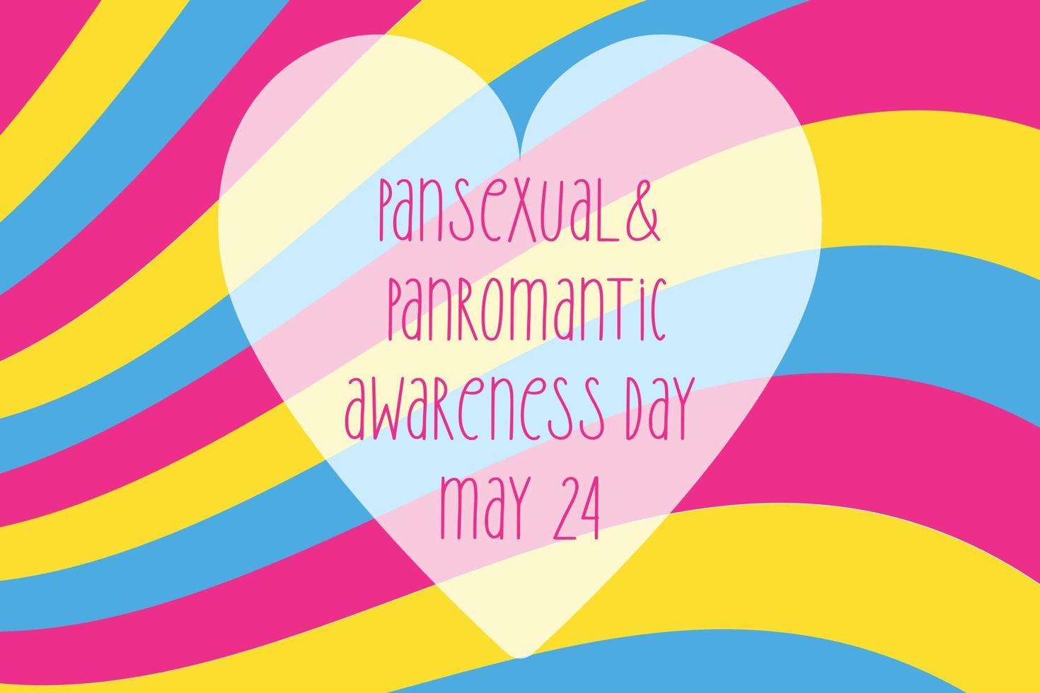 Pansexual Panromantic Awareness Day on 24 May - horizontal vector banner design with Pansexual Panromantic flag striped background and heart frame