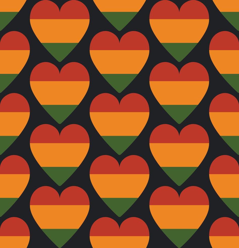 pattern with hearts in traditional Pan African colors - red, yellow, green, black background. Backdrop for Kwanzaa, Black history month, Black Love Day, Juneteenth greeting card, banner vector