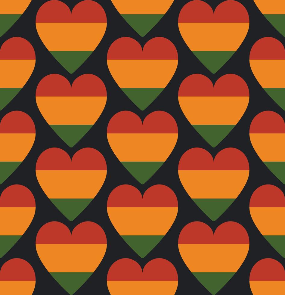 sin fisuras con corazones en colores panafricanos tradicionales - fondo rojo, amarillo, verde, negro. telón de fondo para kwanzaa, mes de la historia negra, día del amor negro, tarjeta de felicitación del 16 de junio, pancarta vector