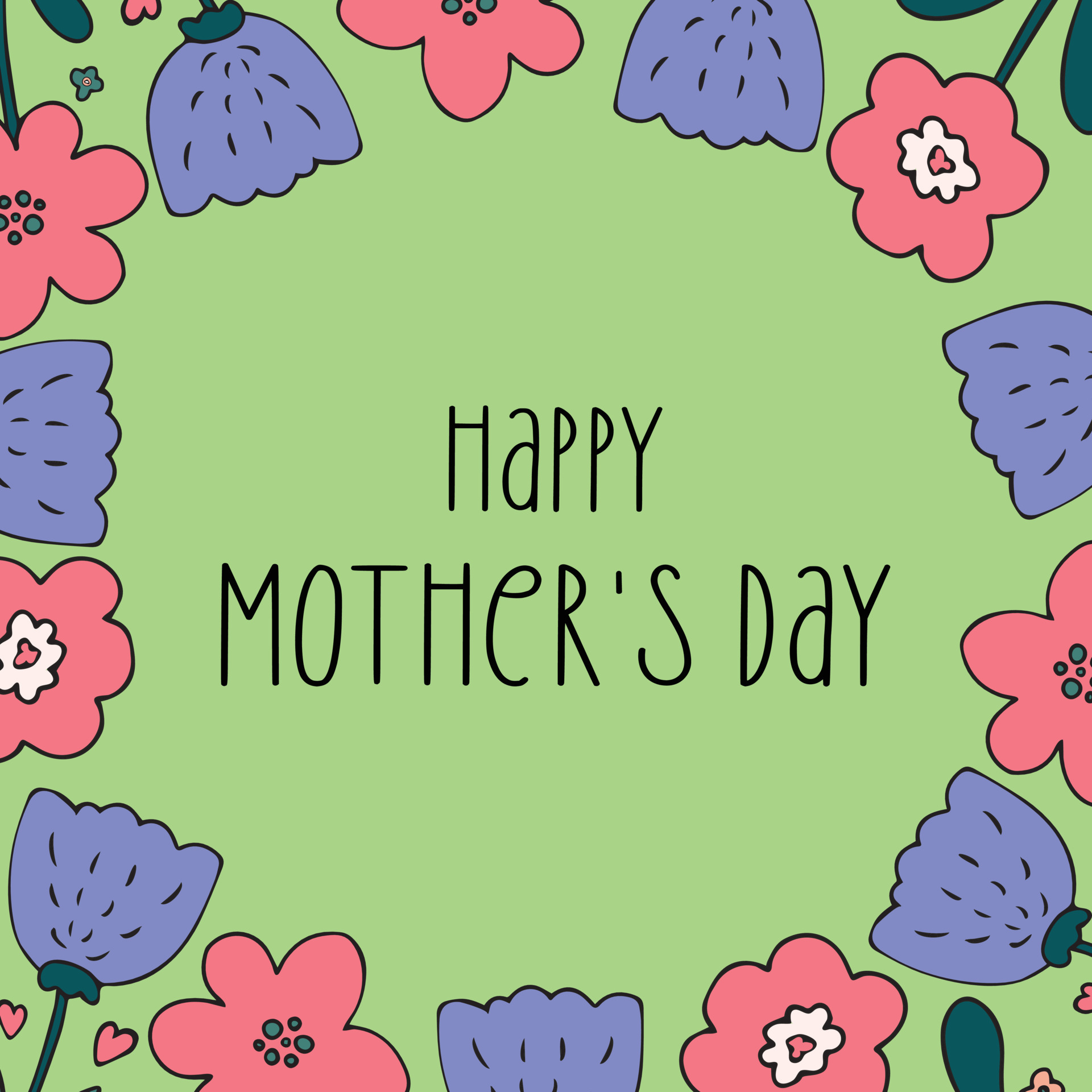 Happy Mother's Day greeting card with simple outline flowers border frame.  Vector illustration, light green background. Template for invitation,  birthday, advertising, social media. 7311250 Vector Art at Vecteezy