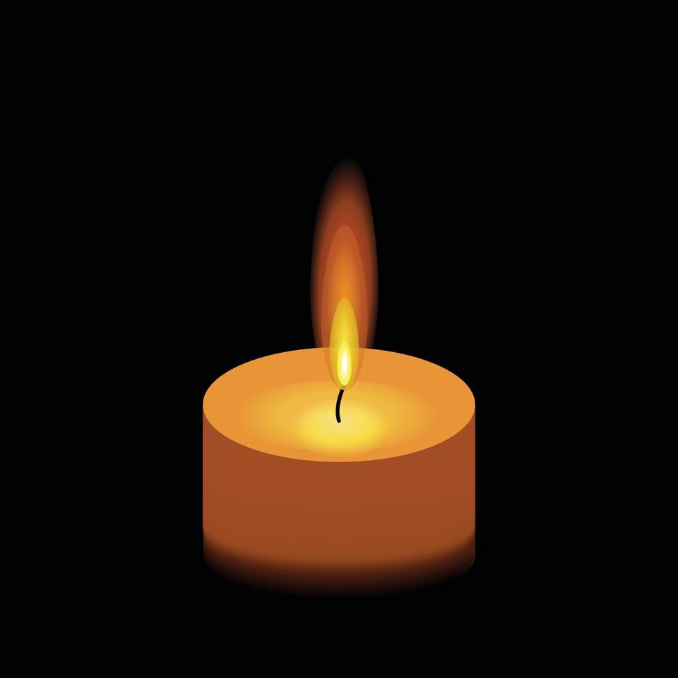 Vector illustration with mourning burning candle flame light on black background.