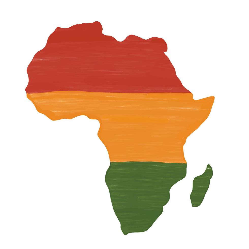 continent of Africa artistic hand drawn grunge textured map vector illustration on a white background. Tribal background in traditional African colors - red, yellow, green.