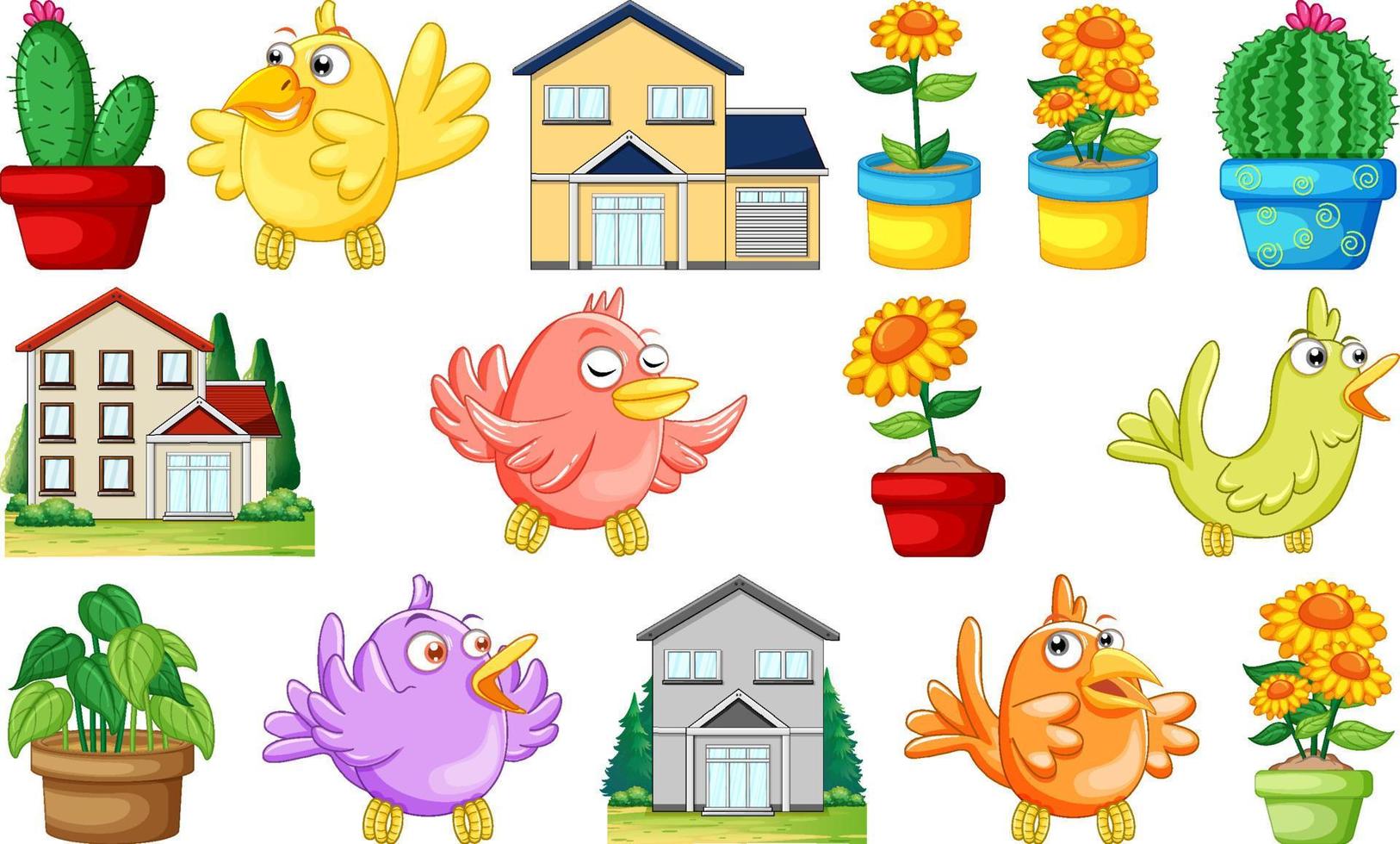 diseño de casas y pájaros coloridos vector