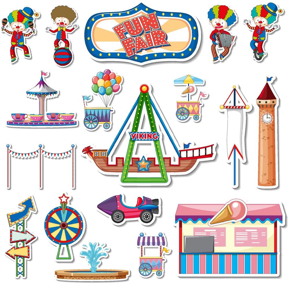 Sticker set of amusement park objects and cartoon characters vector