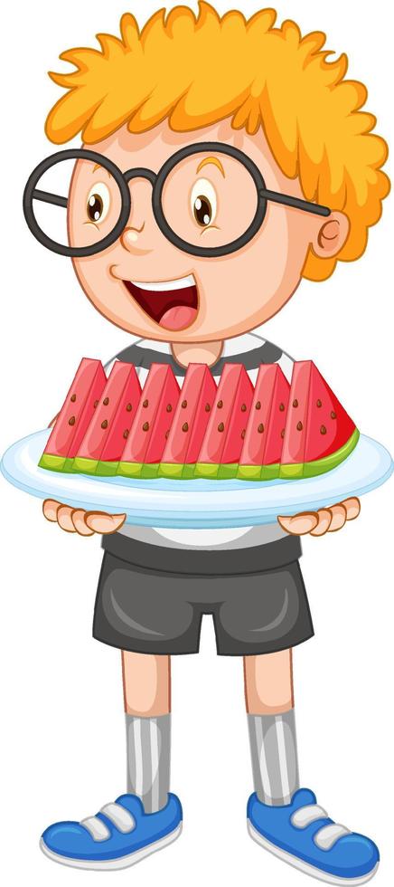Little boy with tray of watermelon vector