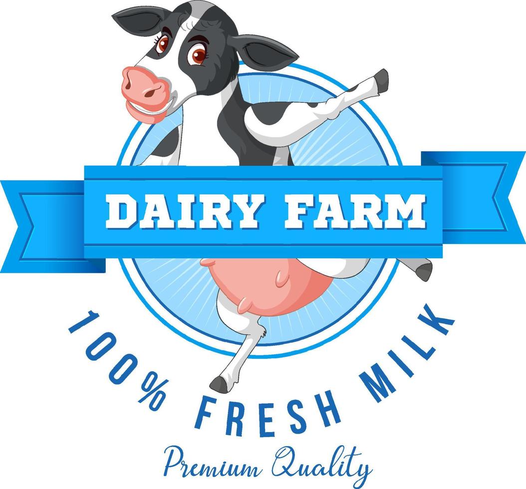 logotipo de la etiqueta de la granja lechera con una caricatura de vaca lechera vector