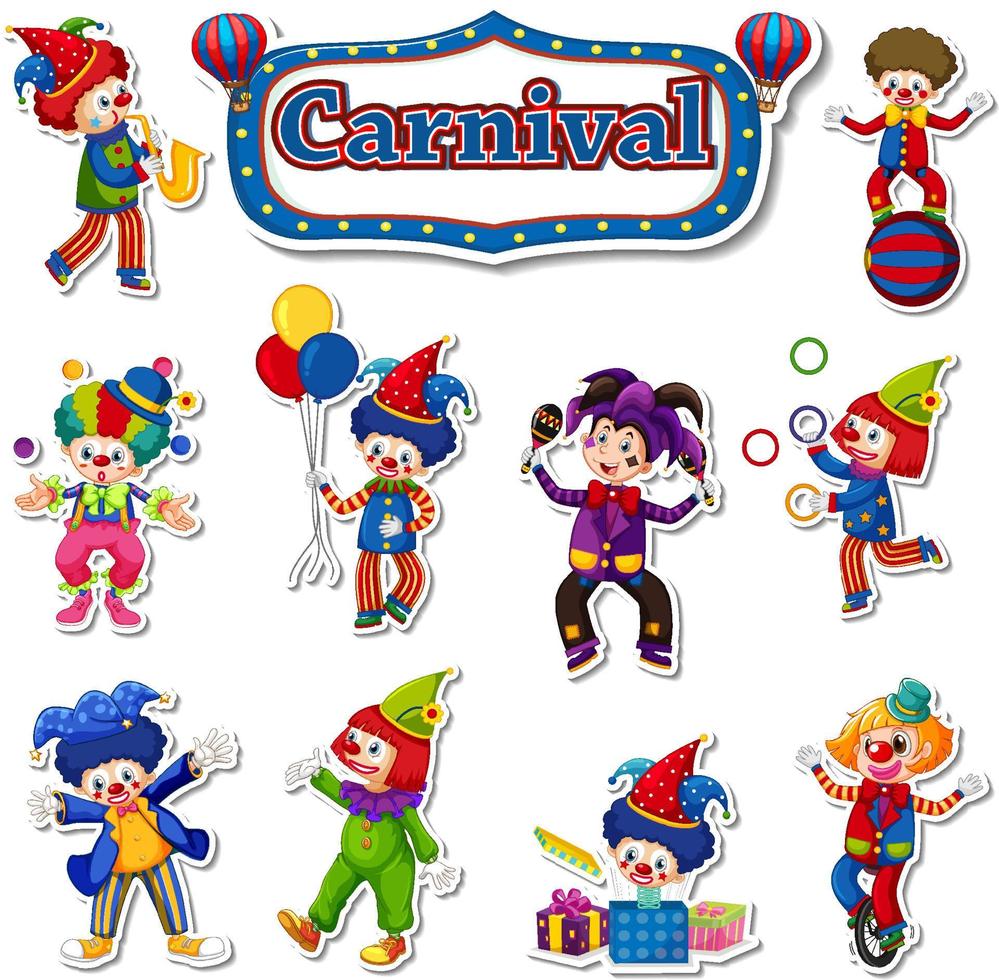 Sticker set of amusement park objects and cartoon characters vector