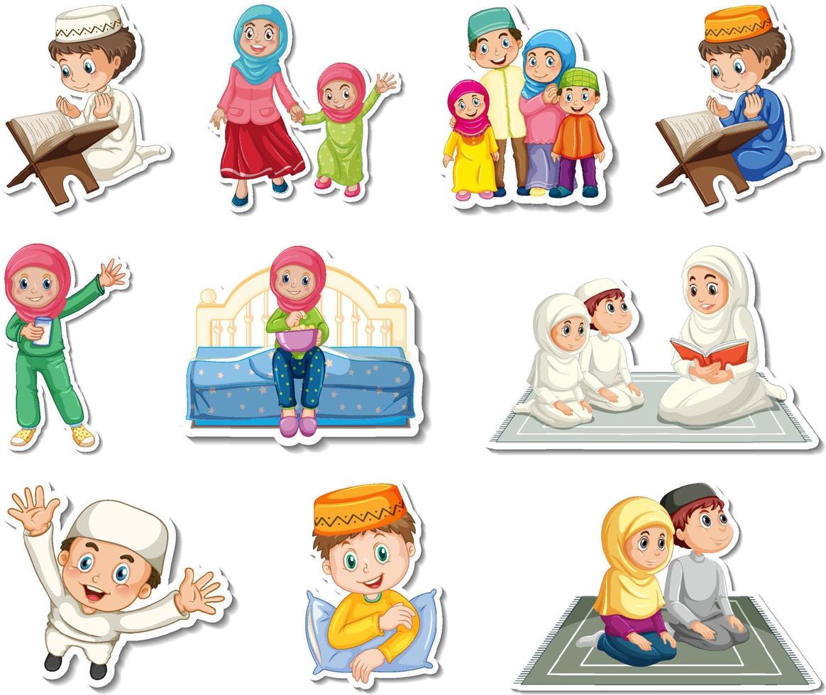 Sticker set of Islamic religious symbols and cartoon characters vector