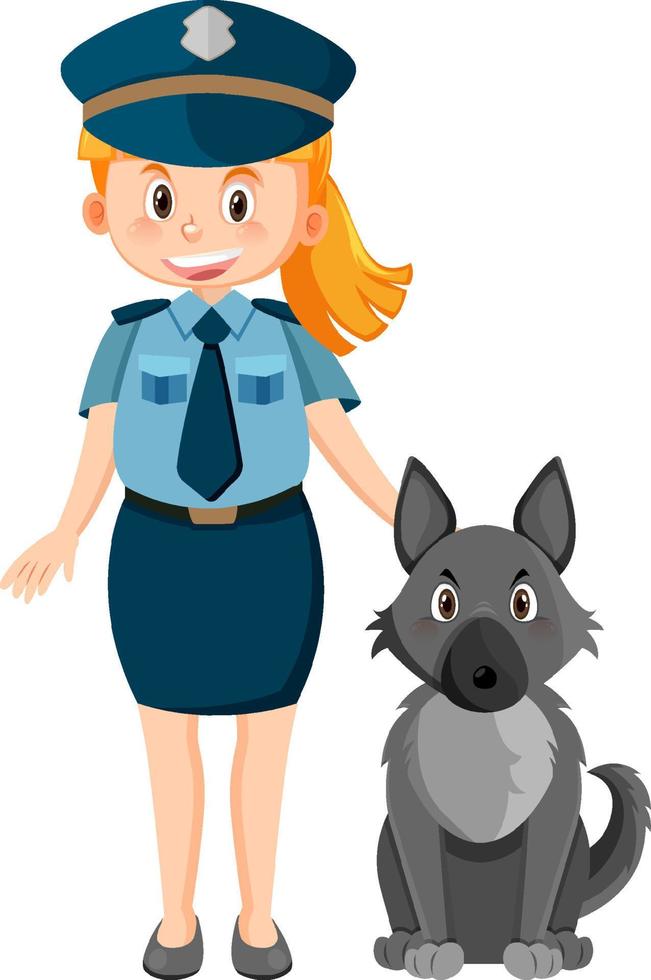 personaje de dibujos animados de oficial de policía con un perro sobre fondo blanco vector