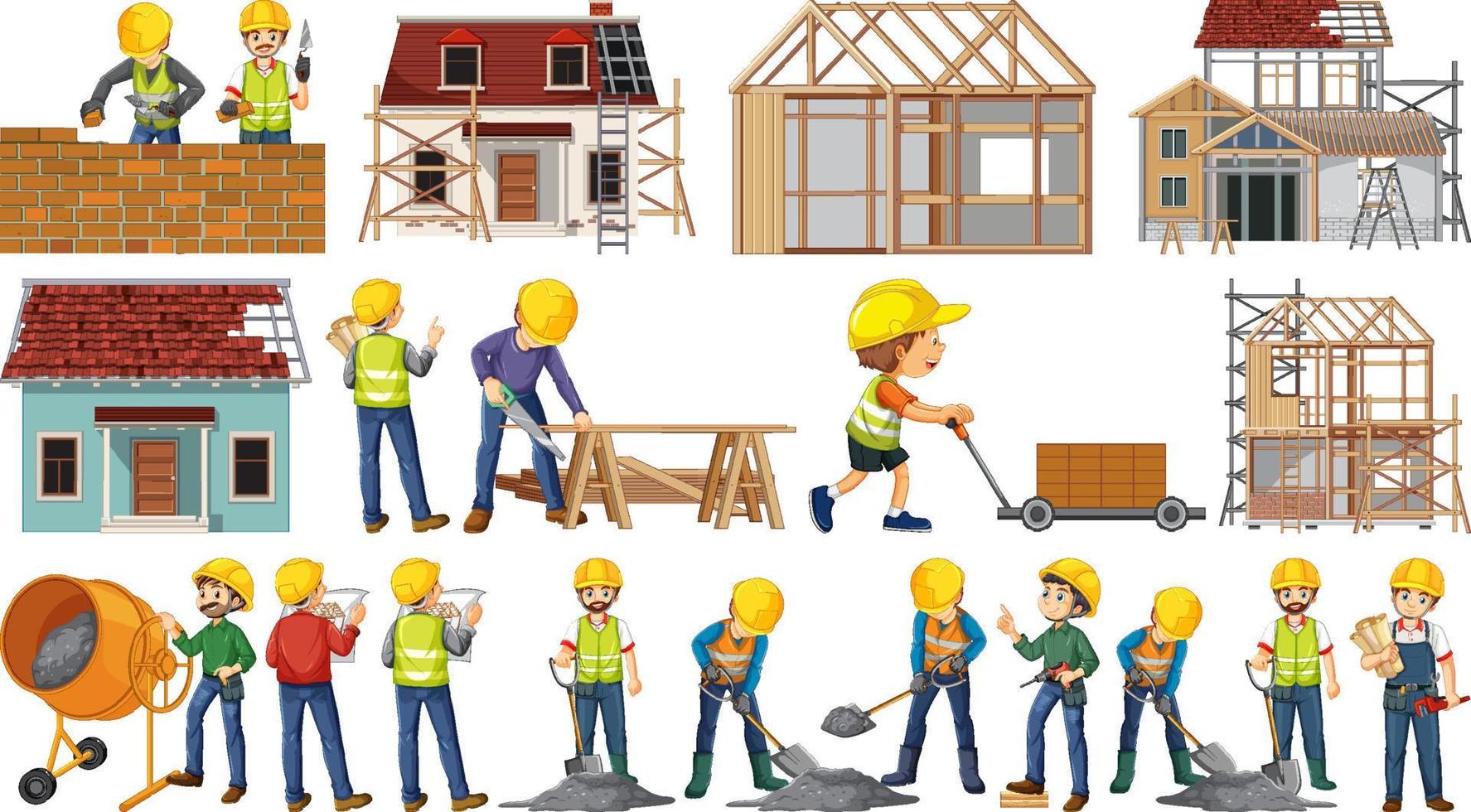 Set of construction site objects and workers vector