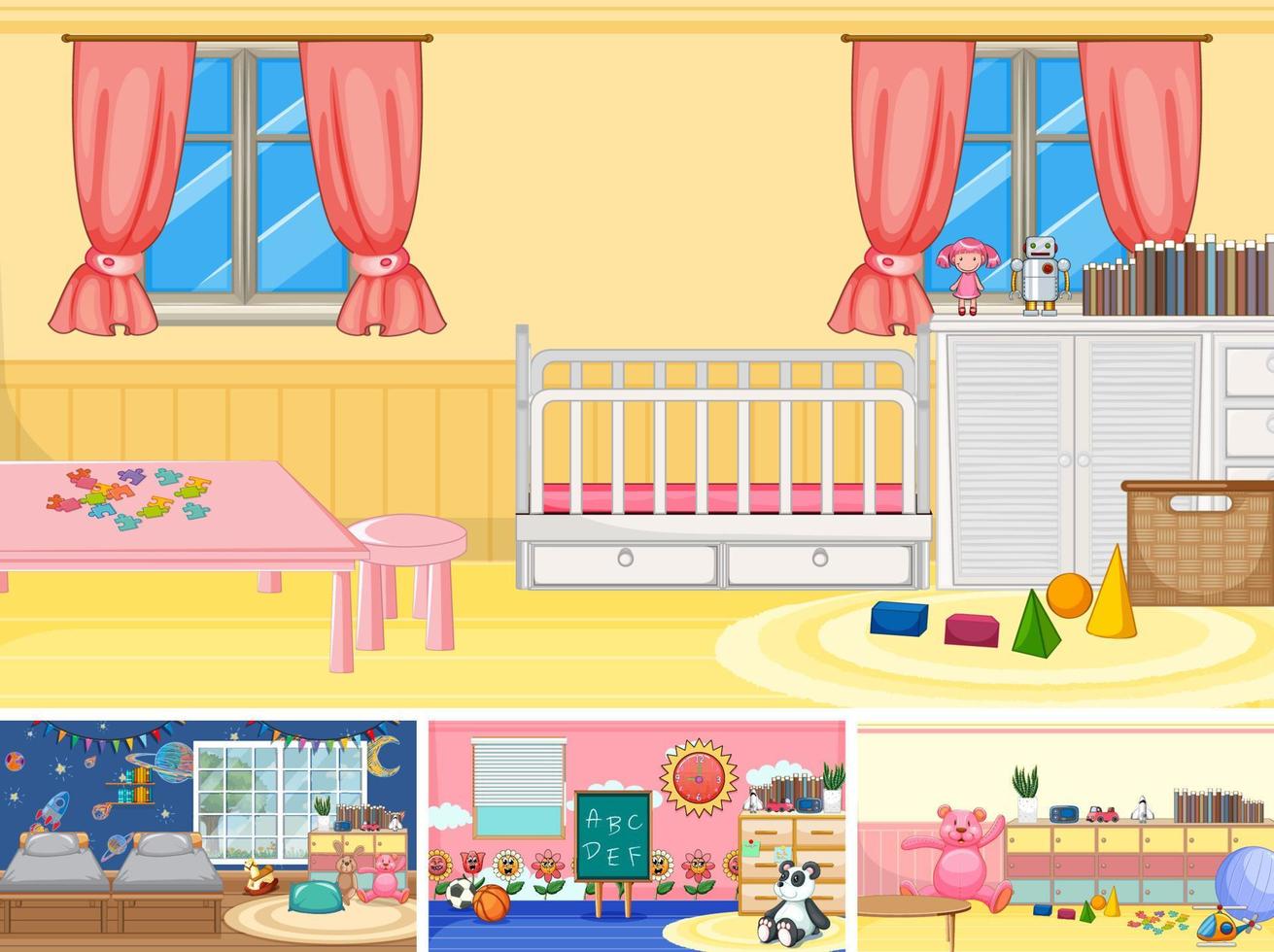 Set of different kindergarten classroom scenes vector