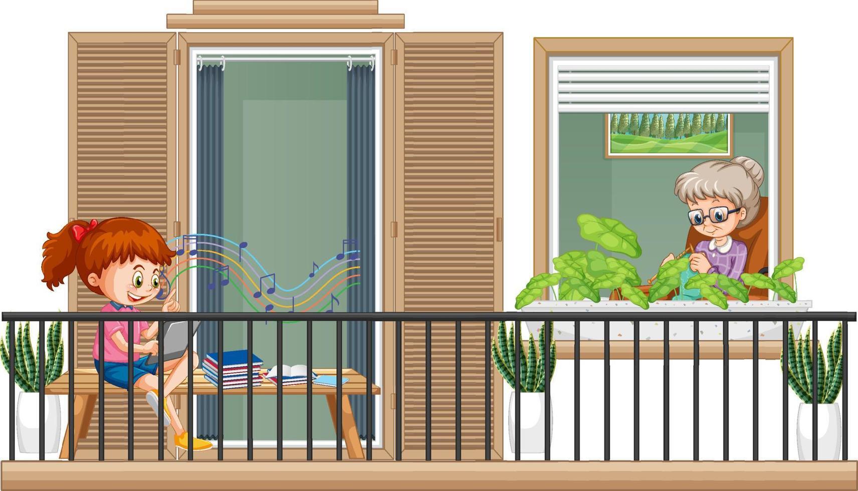 Balcony scene with cartoon chracter vector