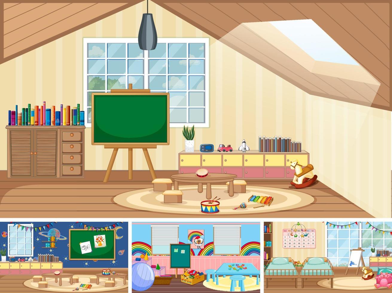 Set of different kindergarten classroom scenes vector