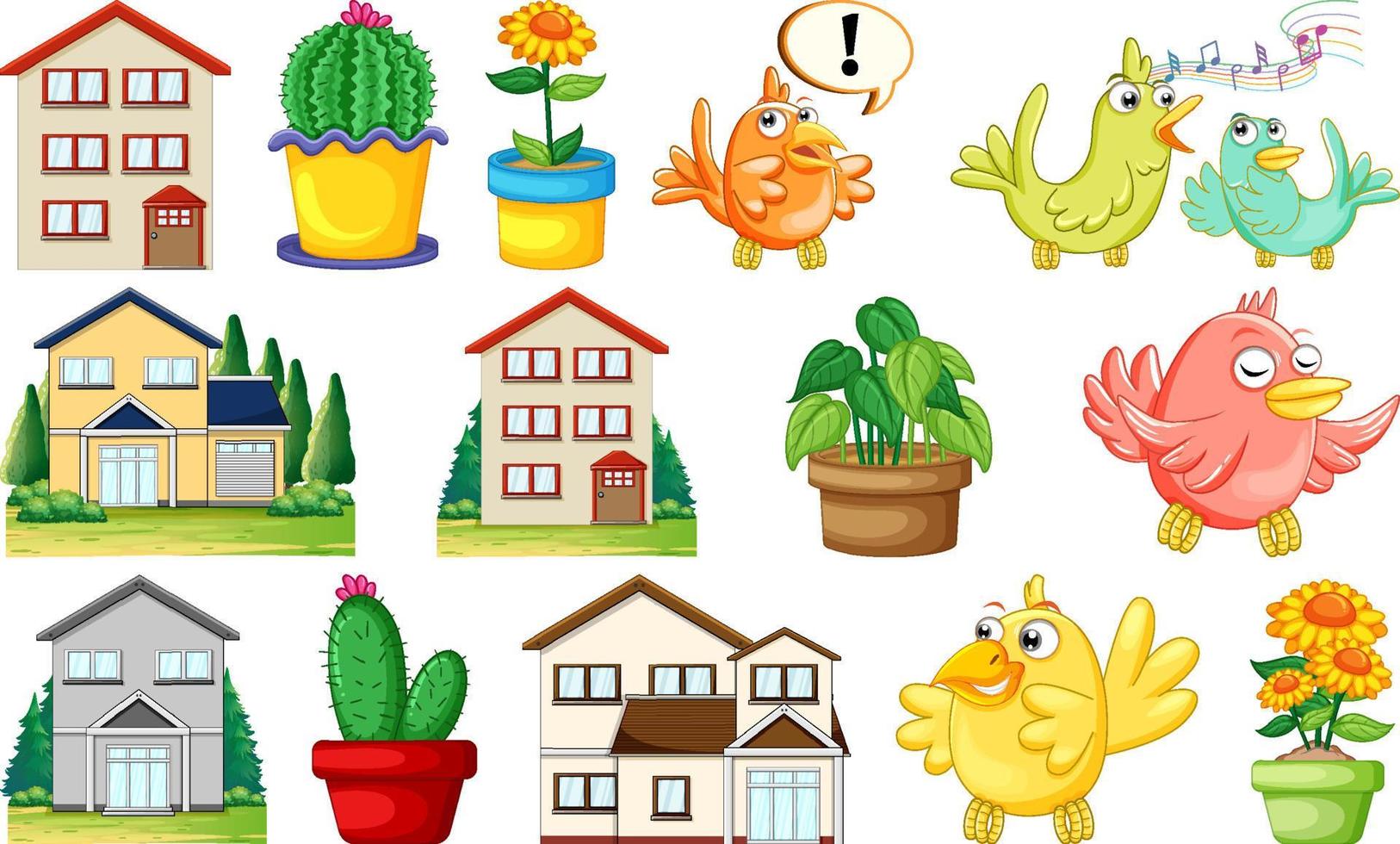 Different house designs and cute birds vector