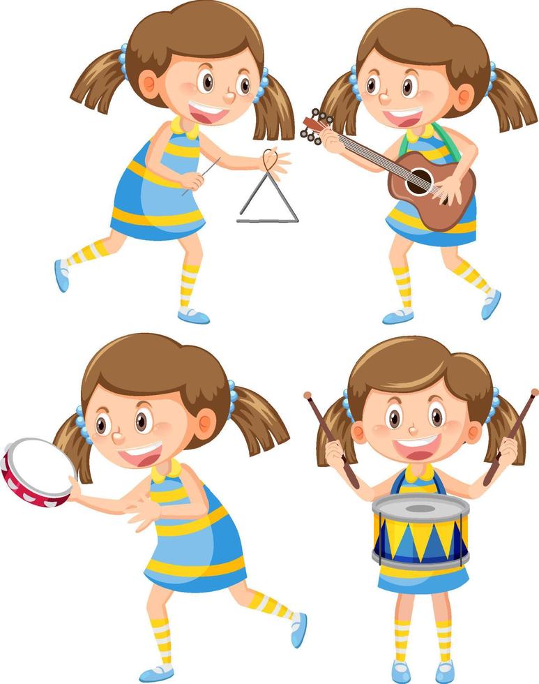 conjunto de personaje de dibujos animados de niña con instrumento musical vector