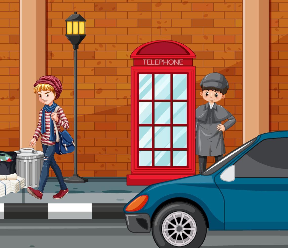 Detective looking for clues with magnifying glass in scene vector