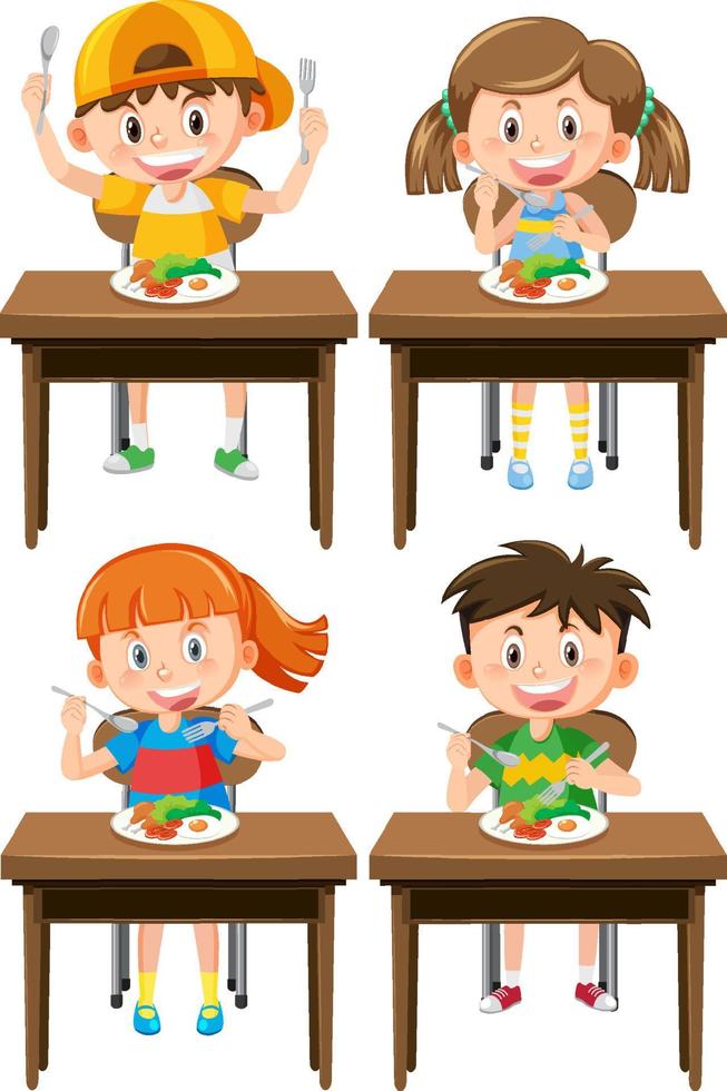 conjunto de niños desayunando saludable vector
