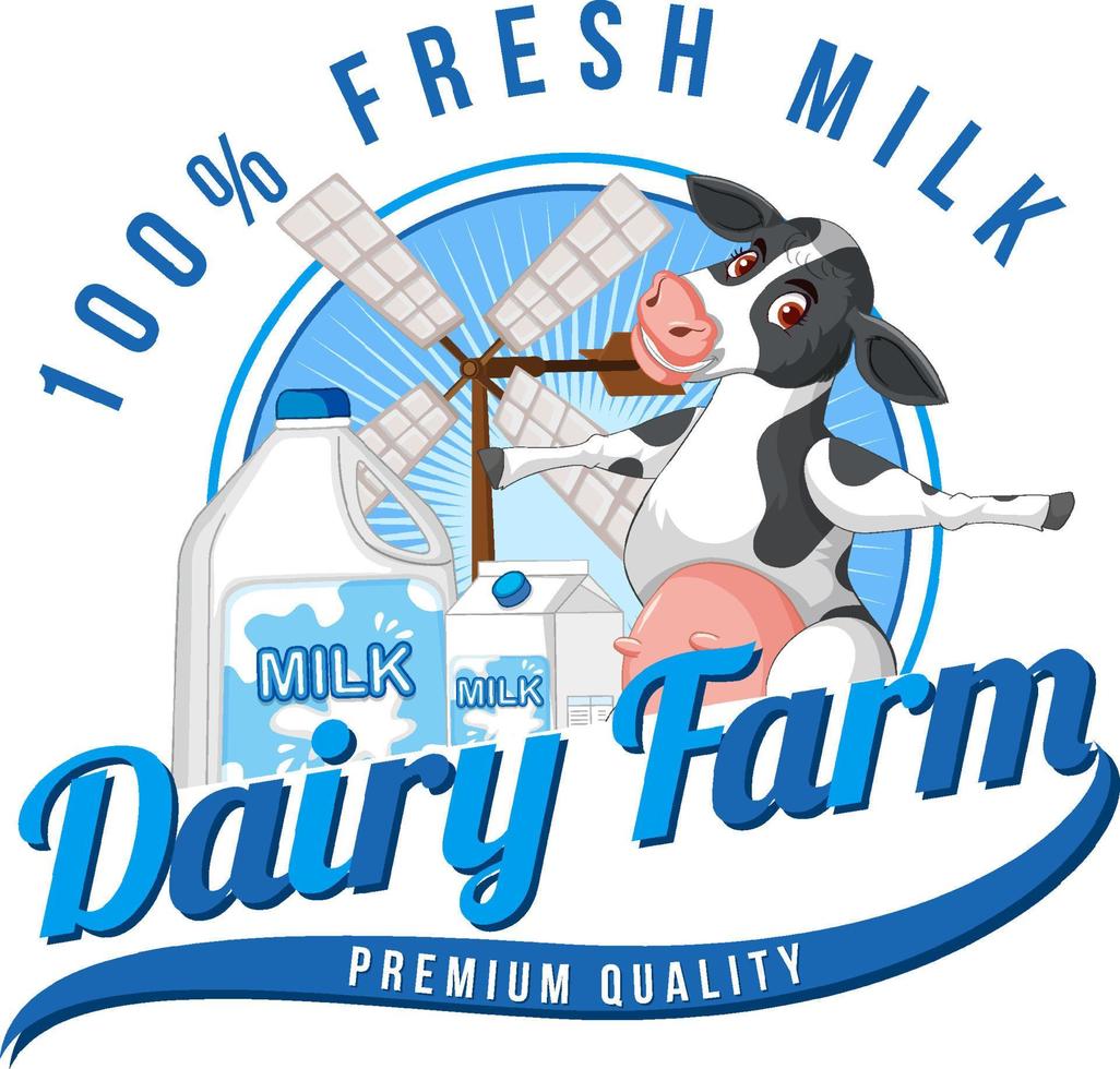 Dairy farm word logo with a dairy cow cartoon vector