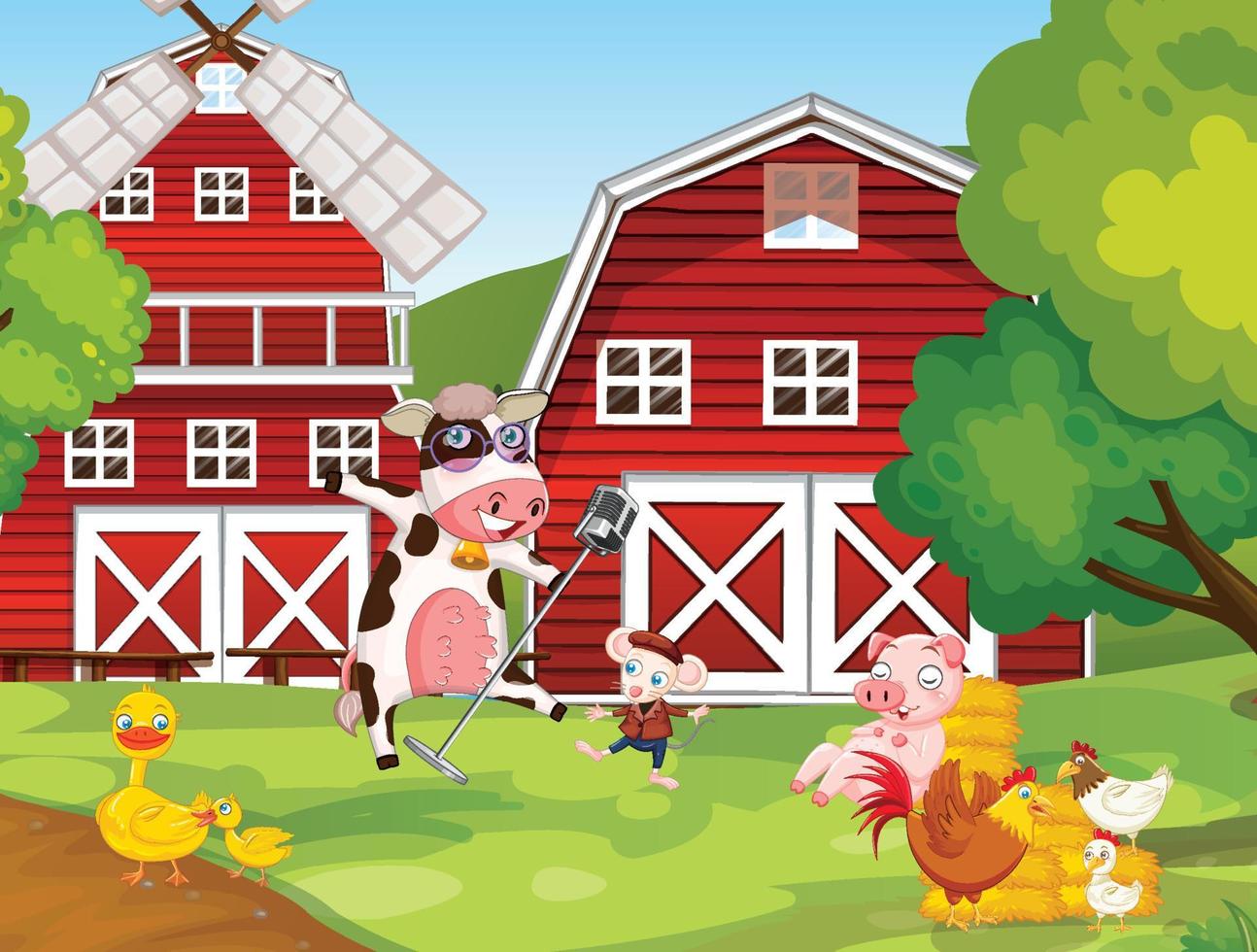 Farm scene with many animals vector