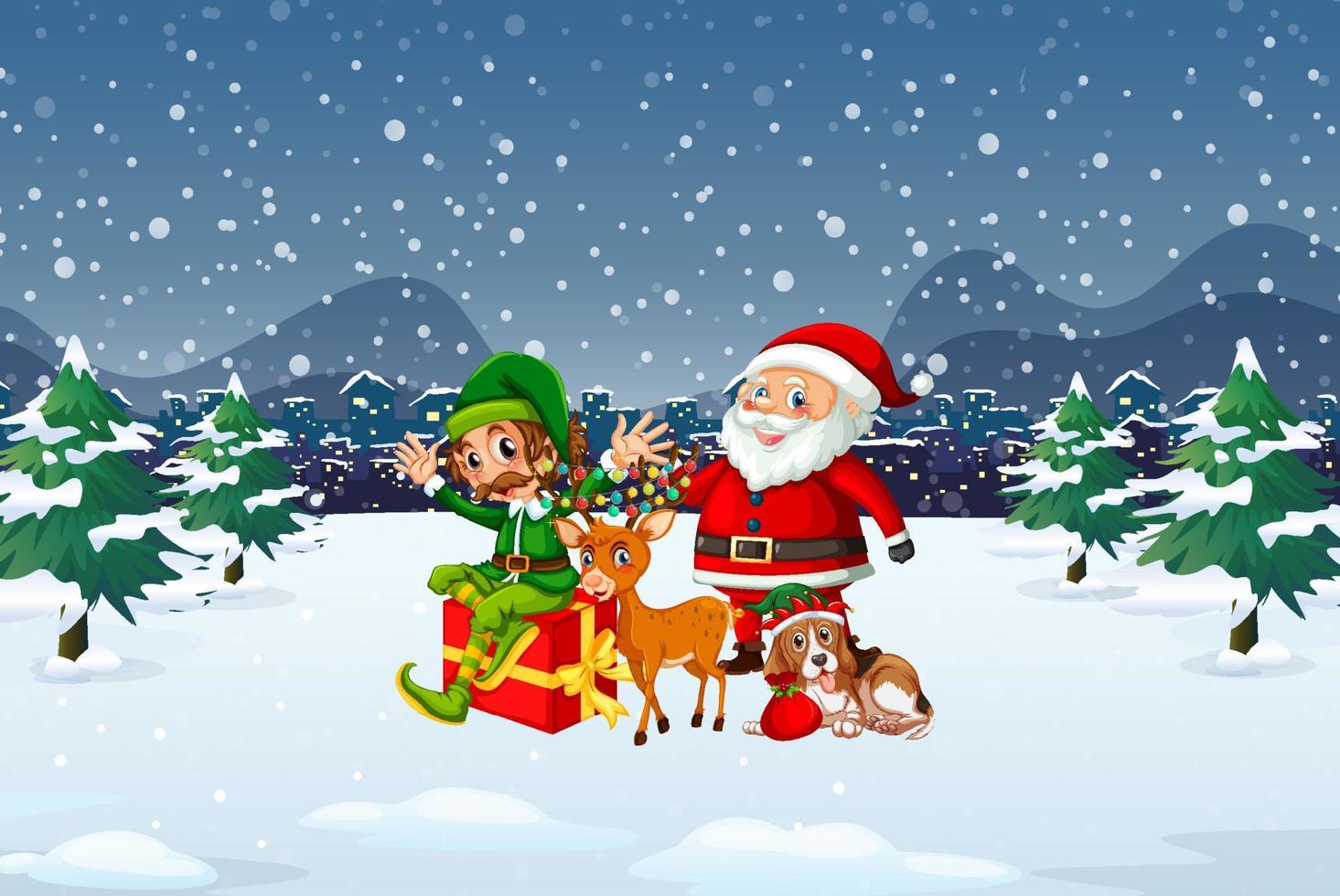 Snowy Christmas night scene with Santa Claus and friends vector