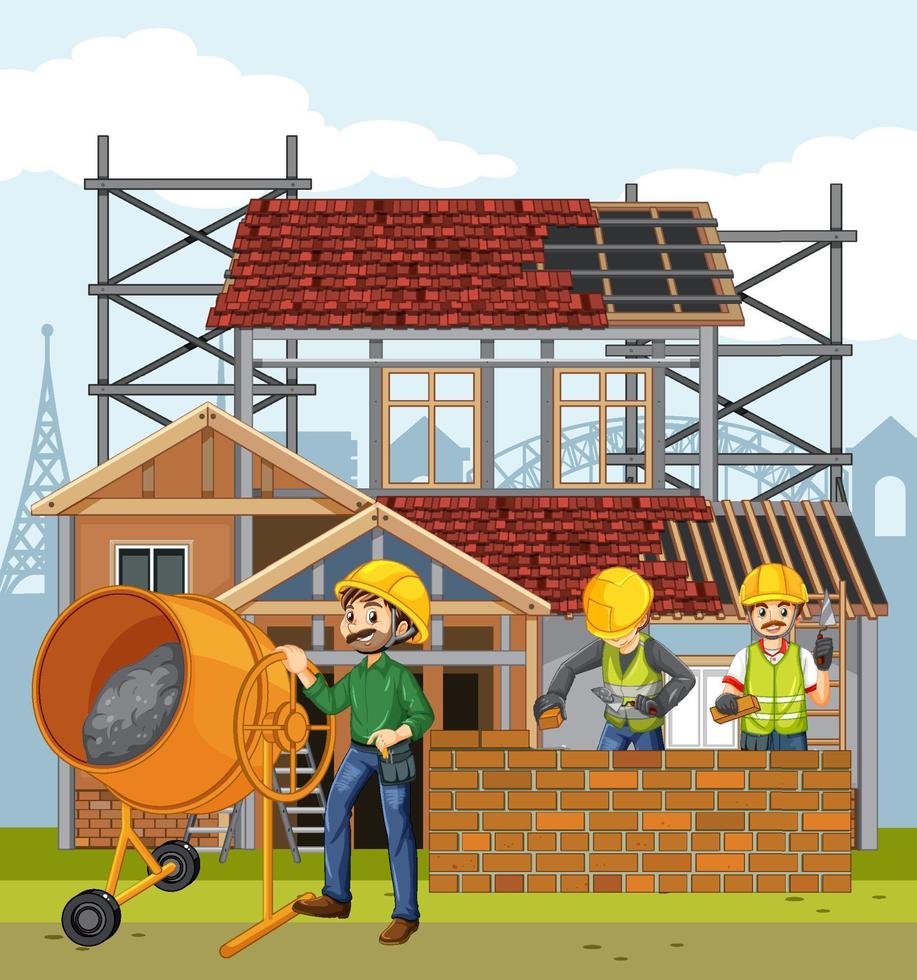 House construction site with workers vector