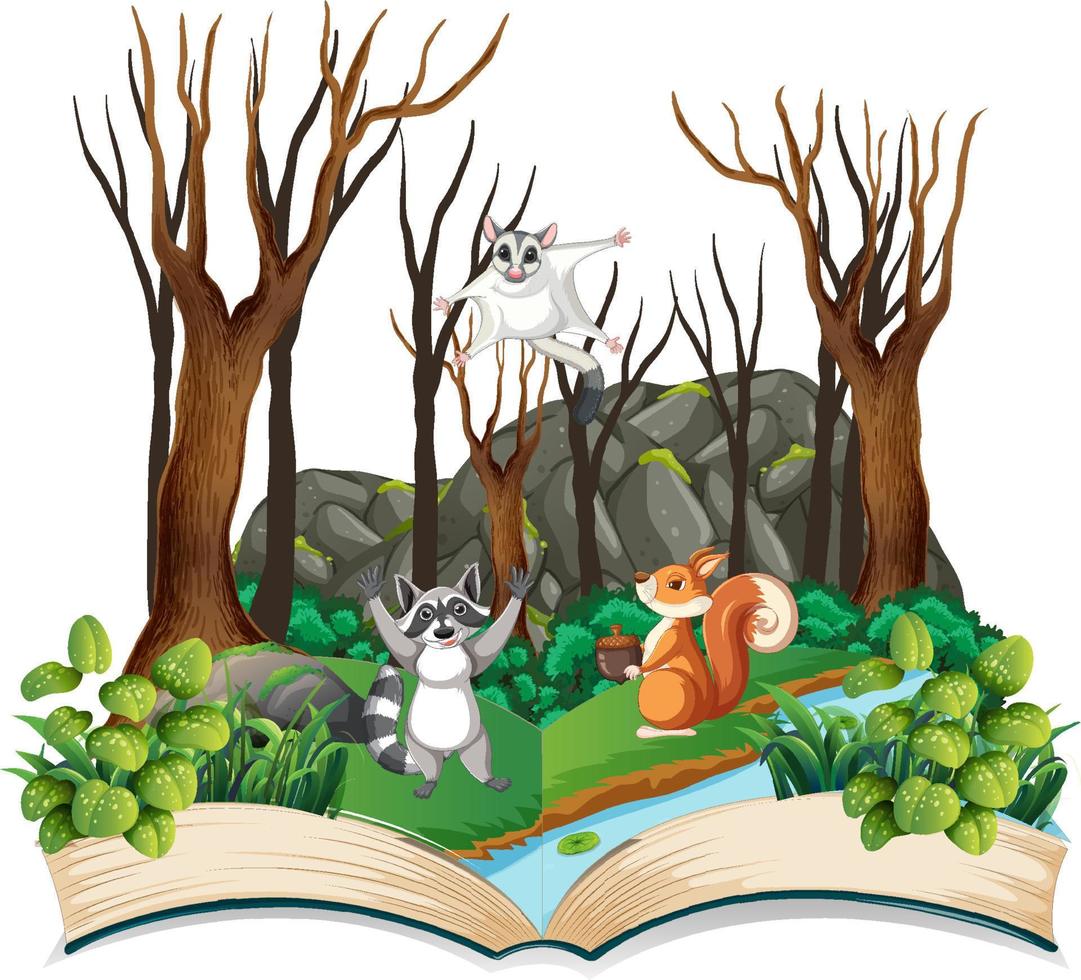 Opened fantasy book with cute animals vector