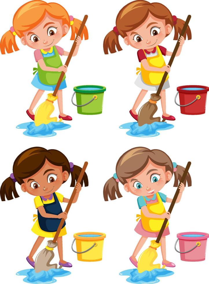 Girl mopping the floor on white background vector