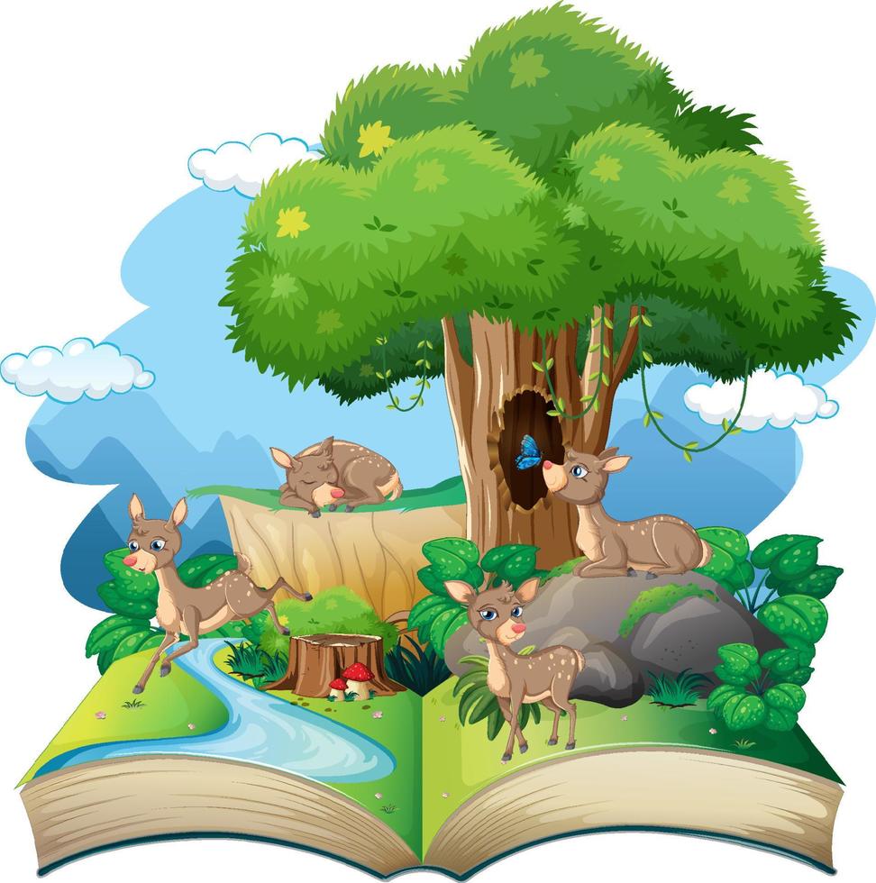 libro de cuentos con ciervos en el bosque vector