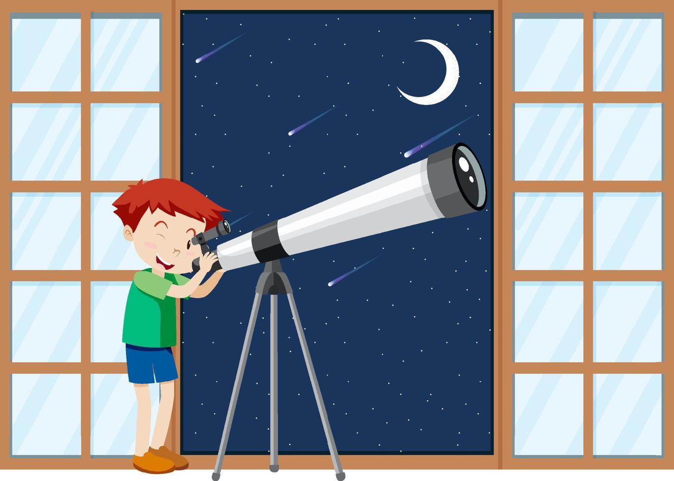 un niño observa el cielo nocturno con telescopio vector